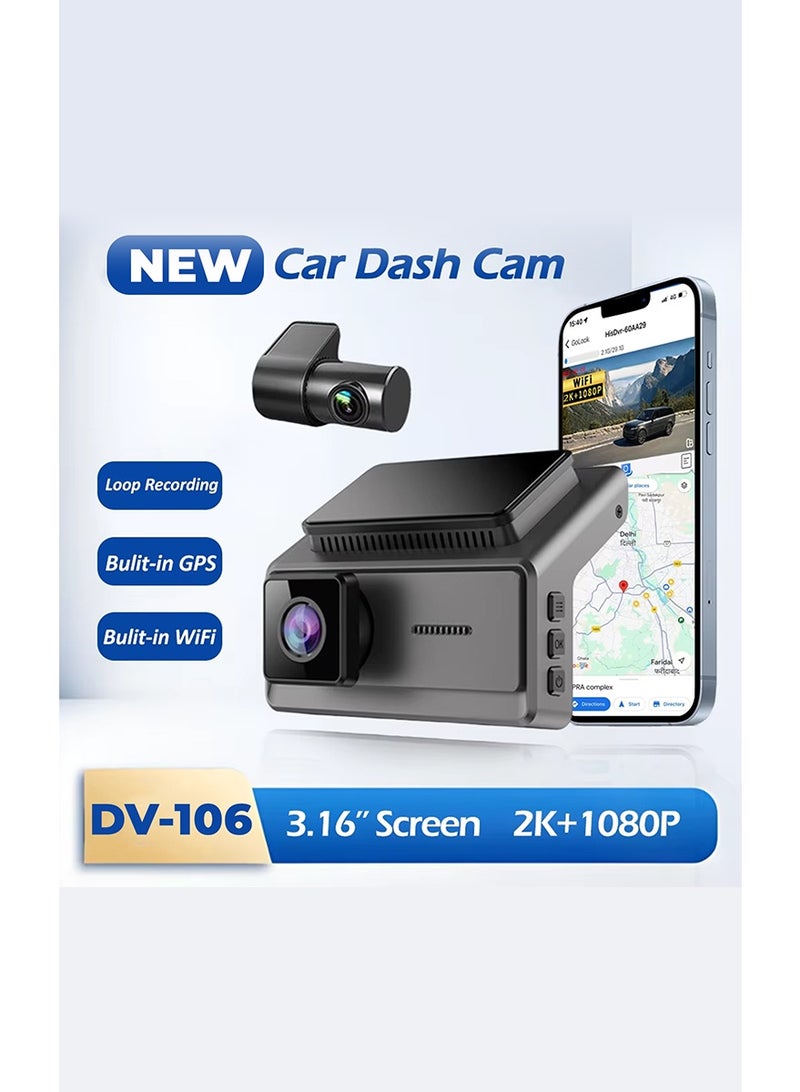 مستر سمارت كاميرا DV-106 المزدوجة للسيارة بشاشة 3.16 بوصة، كاميرا أمامية وخلفية بدقة 2K+1080P، نظام تحديد المواقع العالمي (GPS) وواي فاي مدمجان، تسجيل متواصل، رؤية ليلية عالية الدقة - Image 2